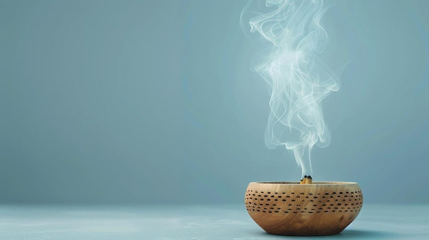 The smoke from the incense burner rises in a thin stream curling and twisting in the air