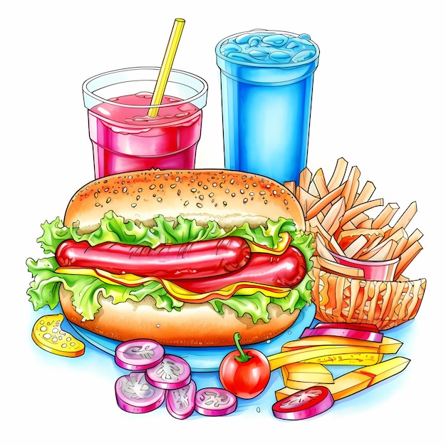 Foto pagine da colorare di burgers hot dogs e bevande