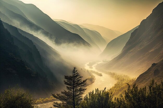 Smoke haze over river valley among hills in summer