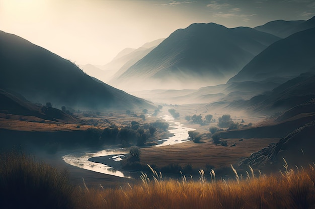 Smoke haze over river valley among hills in summer