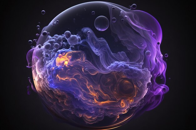 Smoke inside the sphere is moving in wisps ideal for overlay effects and logos Fluid gas and smoke isolated on a dark background Mist plasma and chemical action abstract forms