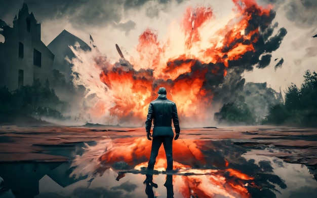 煙と物理的な構造が炎の破壊で爆発する コンセプトアート 暗いファンタジー映画