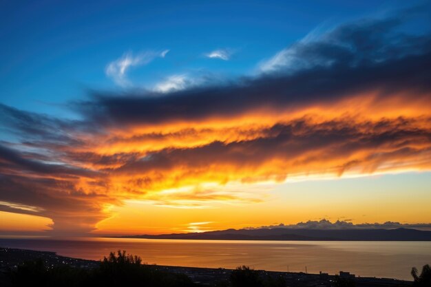 Smoke plume silhouette against sunset at a volcano