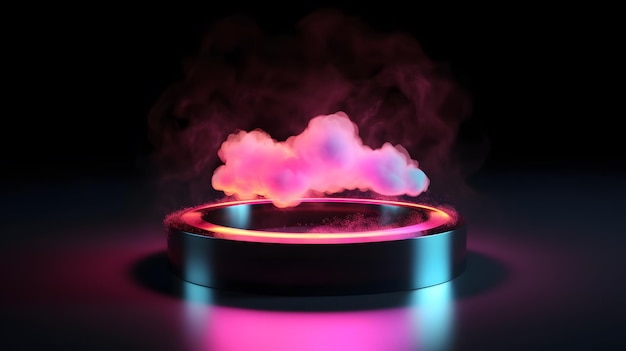 A smoke ring with a pink and blue smoke coming out of it.