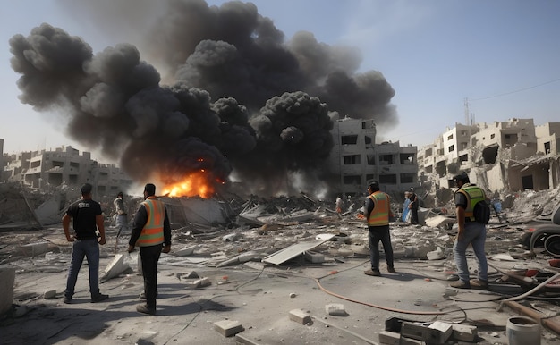 Photo smoke rises after israeli air strikes bombing explosion city of gaza strip palestine and israel war