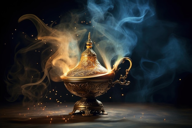 Smoke rises from a magical lamp for granting wishes