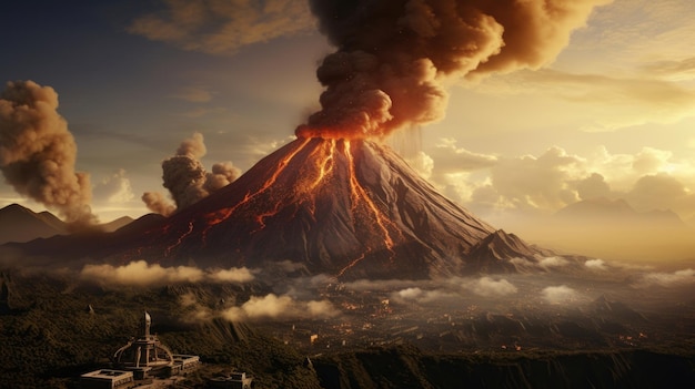 煙は 絶え間ない流れで上がり 旋回し れ合い 火山は火山に 怒りを放つ