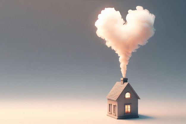 Smoke in the shape of a love heart coming out of the chimney of the house Space for text