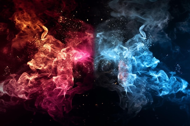 Photo smoke and sparkles red light on the right and blue light on the left black background