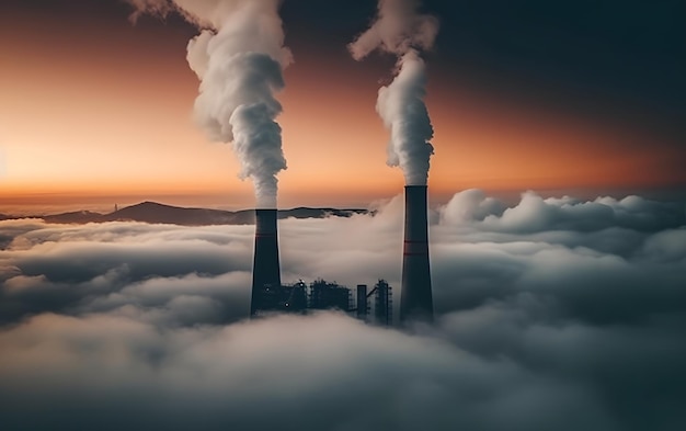 Smoke stacks in the clouds with smoke coming out of them