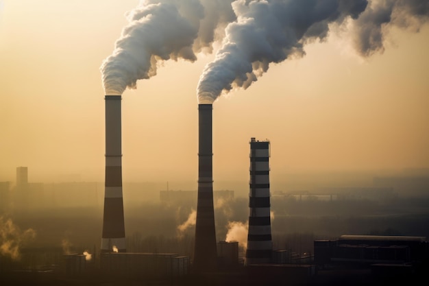 Smoke stacks from a factory with smoke coming out of the stacks.