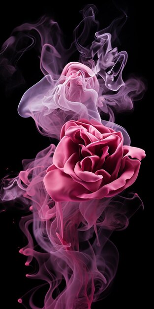 Foto fumo ruota attorno a una rosa rosa su uno sfondo nero generativo ai