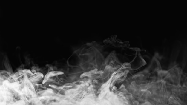 Smoke wave steam texture fog cloud blur transparent white vapor swirl floating on dark black empty s
