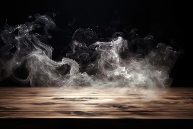 Smoke on a wooden table Black background Selective focus