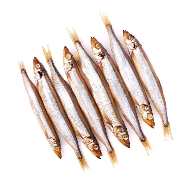 Smoked capelin fish isolated on white