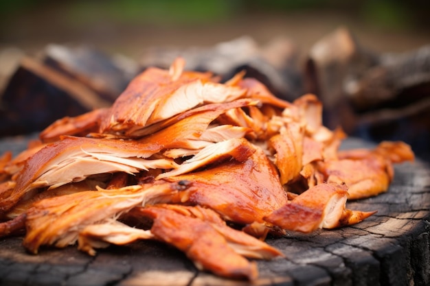 Smoked chicken on hickory wood chips closeup