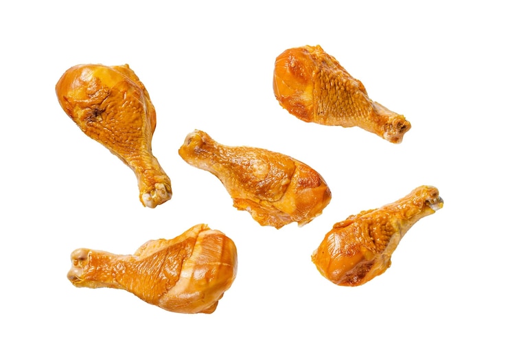 Photo smoked chicken leg drumsticks on a kitchen table isolated on white background top view