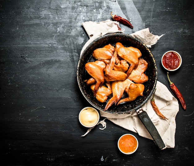 Smoked chicken wings in the pan with the sauce