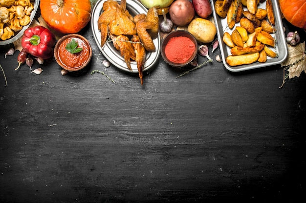 Smoked chicken wings with fried potatoes