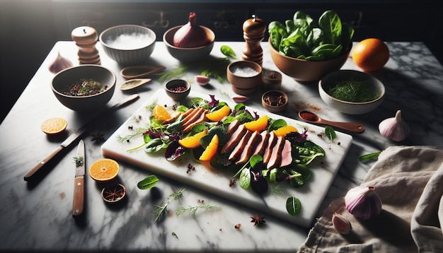 Smoked Duck Salad Preparation on White Marble Counter