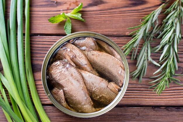 Smoked fish sprats in a tin can Snack