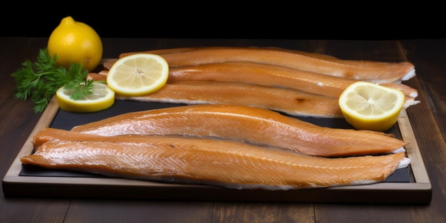 Smoked fish on a wooden tray with lemons on the side