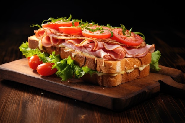 Smoked ham cheese tomato and lettuce on wooden cutting board