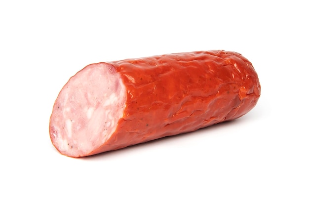 smoked ham sausage or pork wurst isolated on a white background