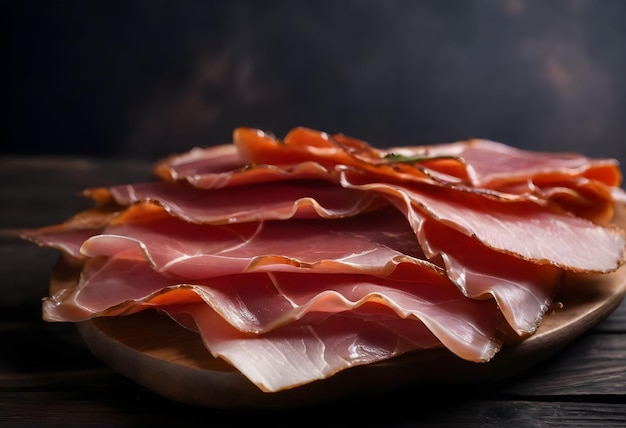 Photo smoked ham slices on a wooden surface against a dark background