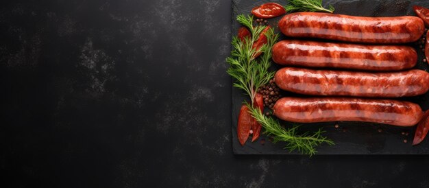 Smoked hunting sausages on a black stone plate seen from above with free space for copying