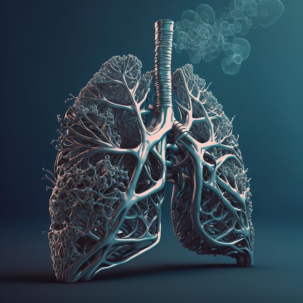 Smoked Iron, Metal, Gold, and Wood 3D Human Lung Illustration - Graphic Design Concept Isolated