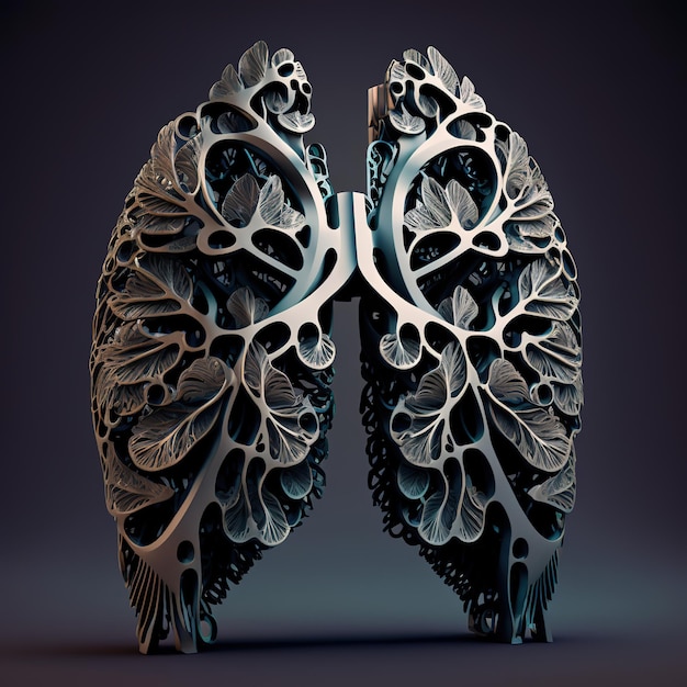 Smoked Iron, Metal, Gold, and Wood 3D Human Lung Illustration - Graphic Design Concept Isolated