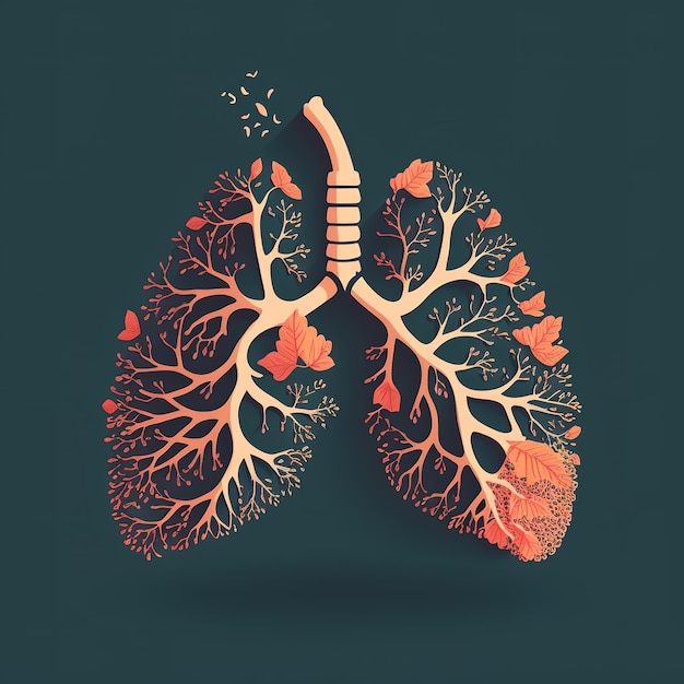 Smoked Iron, Metal, Gold, and Wood 3D Human Lung Illustration Graphic Design Concept isolated