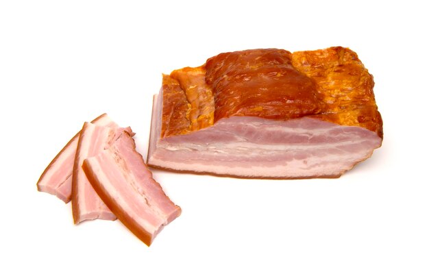 Smoked pork bacon on a white background