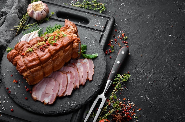 Smoked pork ham Roast meat Top view Free space for text