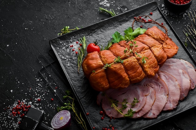 Photo smoked pork meat with spices and herbs top view free space for text