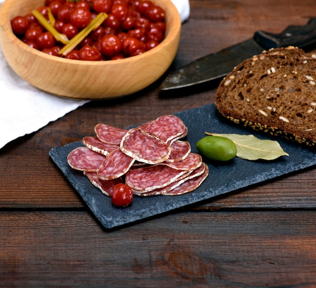 Smoked salami sausage chopped and bread