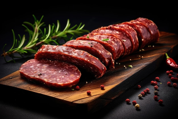 Smoked salami sausage with spices sliced on a black chopping board against a dark backdrop