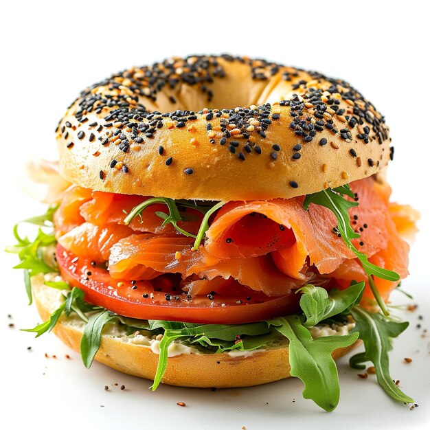 Smoked Salmon Bagel Sandwich isolated on white background