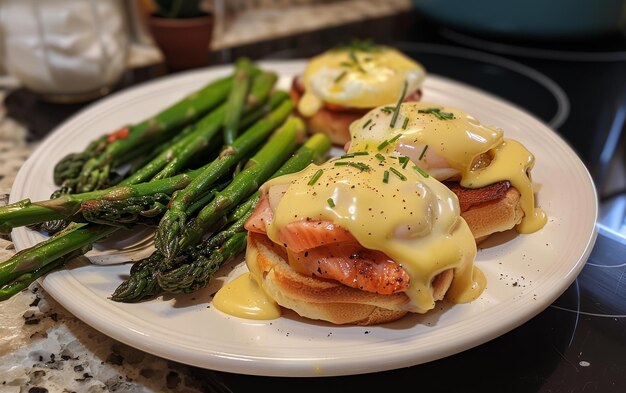 Photo smoked salmon eggs benedict with asparagus