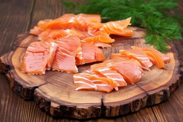 Foto pezzi di salmone affumicato su una tavola di legno