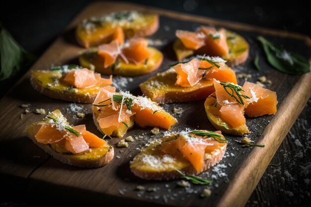 Smoked salmon on a plate with cheese and herbs