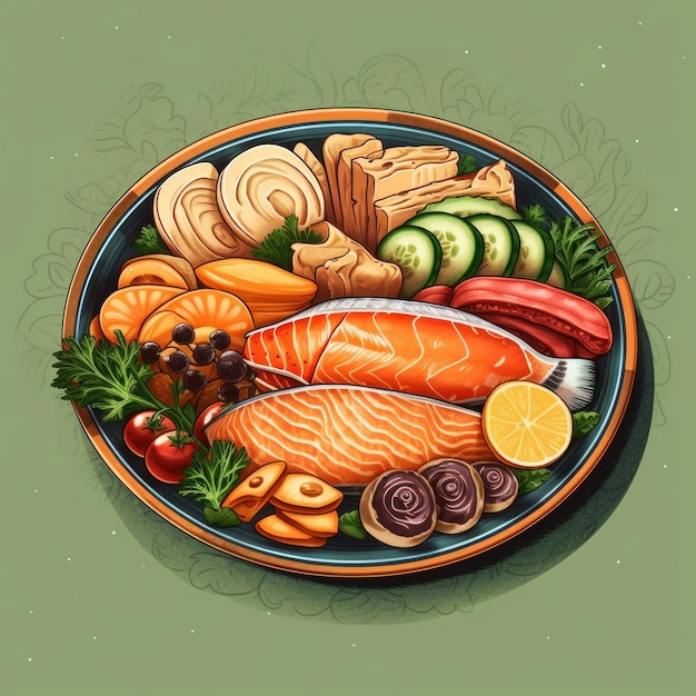 Smoked salmon platter in an art style