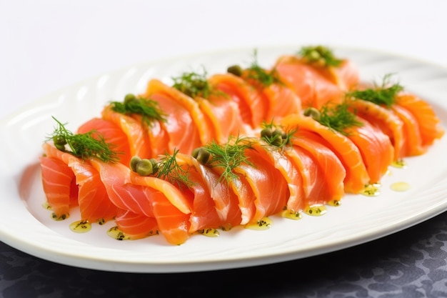 Foto fette di salmone affumicato servite con capperi e aneto su un piatto bianco