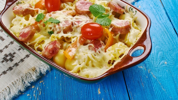 Smoked Sausage Alfredo - casserole with pasta and sauce