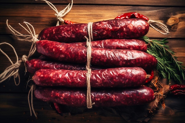 Smoked sausage Delicate tasty sausages on a wooden table Traditional meat farm products