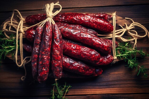 Smoked sausage Delicate tasty sausages on a wooden table Traditional meat farm products