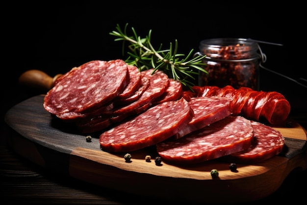 Smoked sausage sliced on wooden board on black background