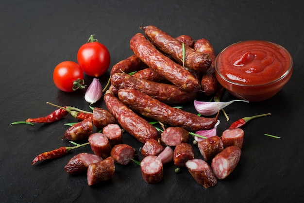 Smoked sausage with rosemary, pepper, tomatoes and garlic on a black background.
