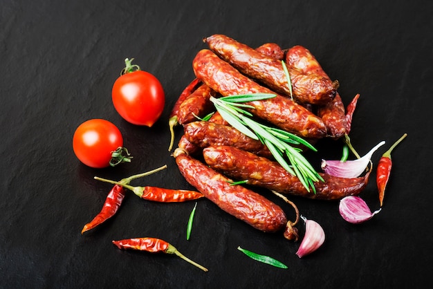 Smoked sausage with rosemary, pepper, tomatoes and garlic .Top view